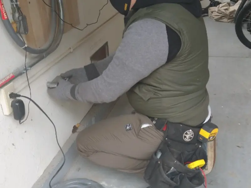 Electrician performing outlet wiring in a Jefferson garage